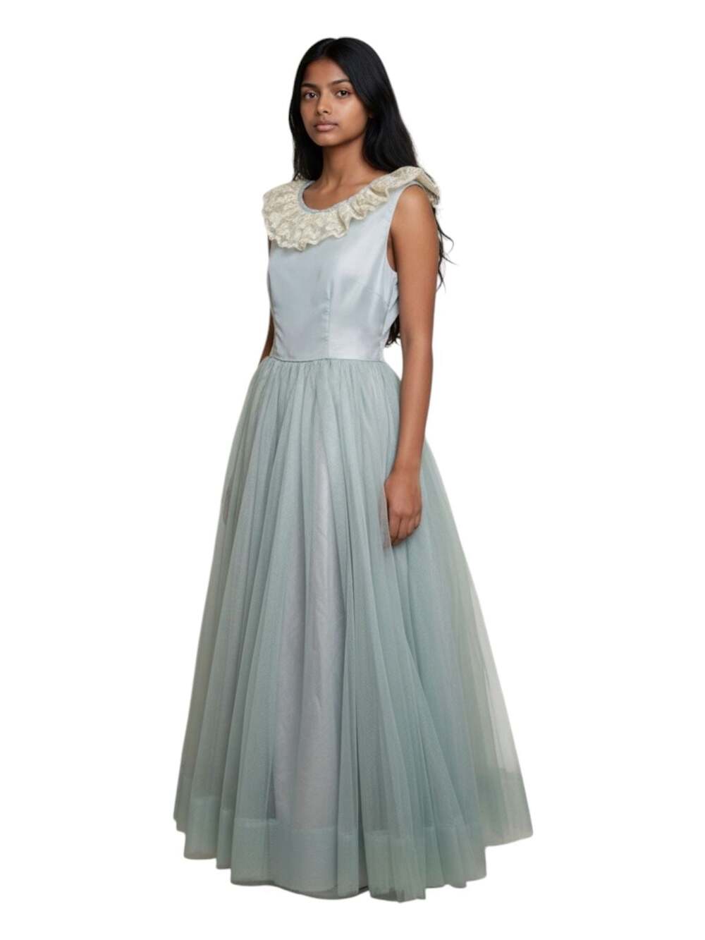 Vintage Handmade Light Blue Full-Length Formal Gown Lace Collar Tulle Dress